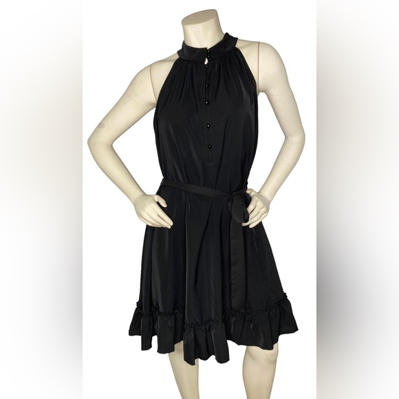 KIRUNDO Black Silk Satin Button Down Sleeveless Ruffle Halter Dress, XL - Picture 2 of 9